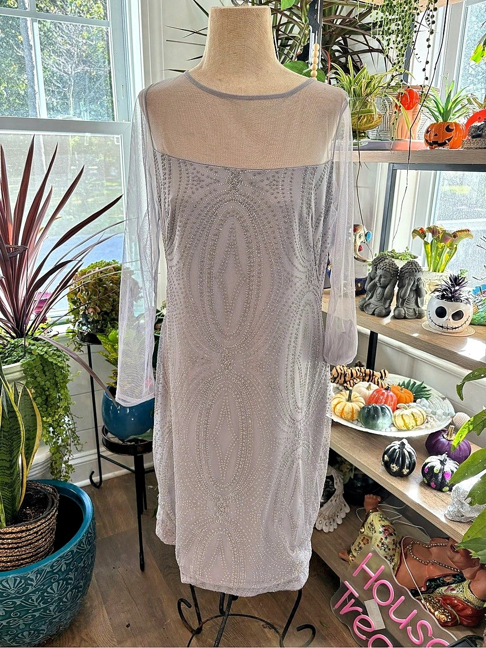 Brianna Geometric Sheer Sleeve Midi Dress in Silver Size 12